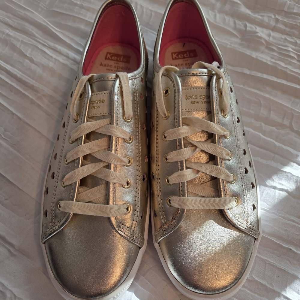 kate spade Metallic Gold Low-Top Lace-Up Sneakers with Pink Lining